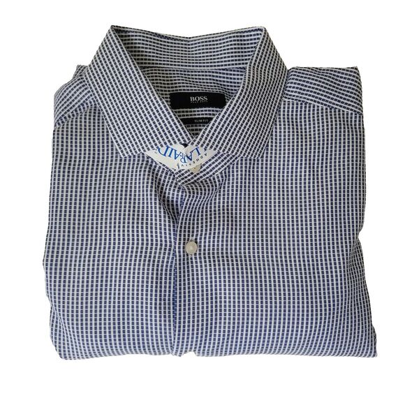 Hugo Boss Slim Fit Dress Shirt 17.5 Albini Fabric Blue Check Cotton New No Tags - Picture 4 of 10
